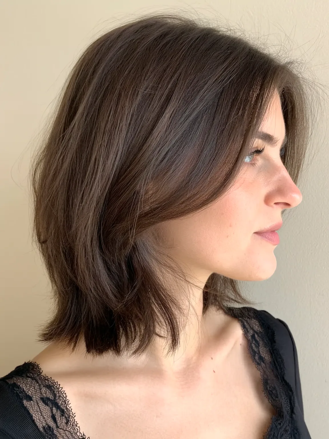 Blow-Dried Straight Chocolate Brown Chin-Length Bob