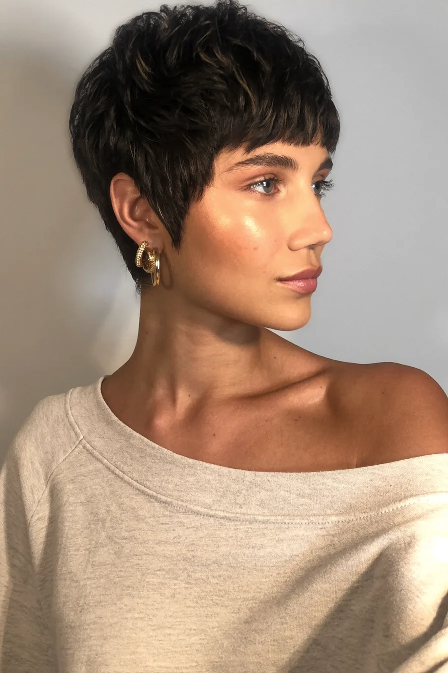 Textured Pixie Cut for Effortless Dark Brown Elegance