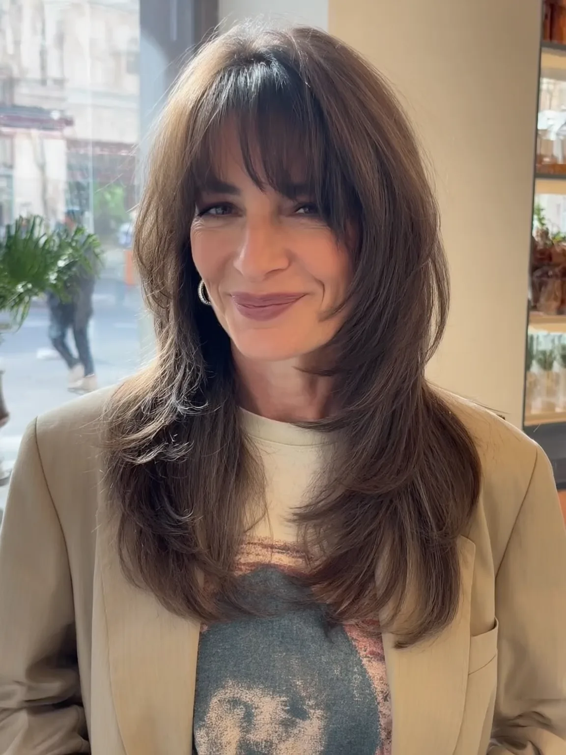 Long Layered Cut with Curtain Chocolate Bangs
