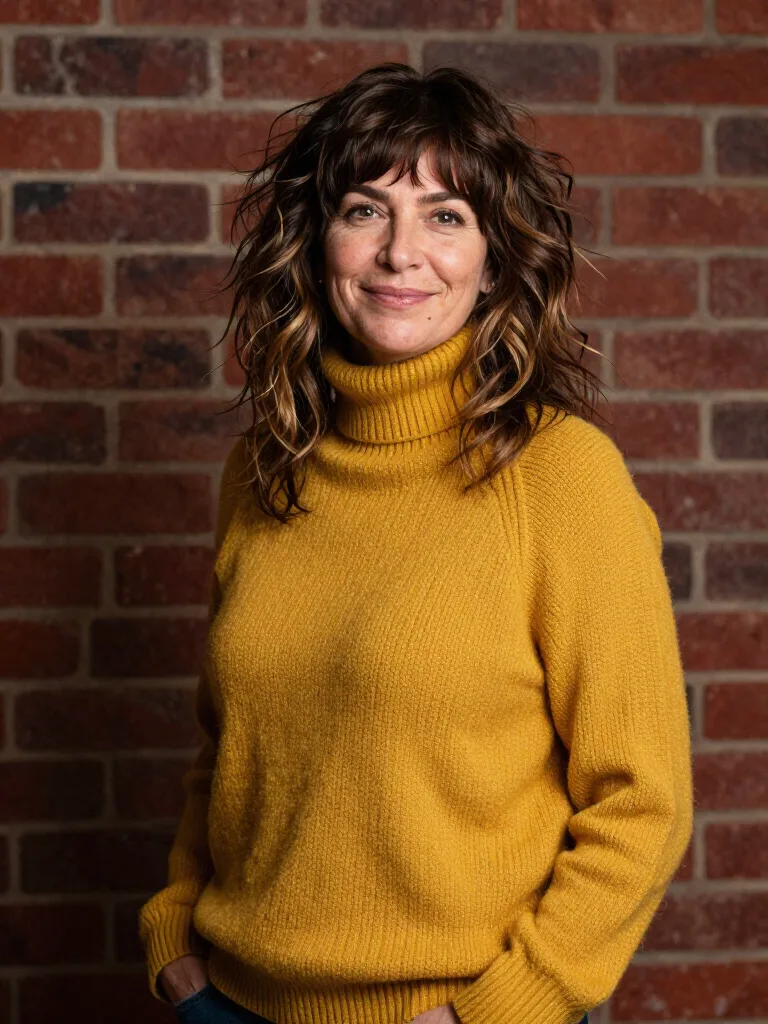 Medium Wavy Shag with Chocolate Highlights and Wispy Bangs
