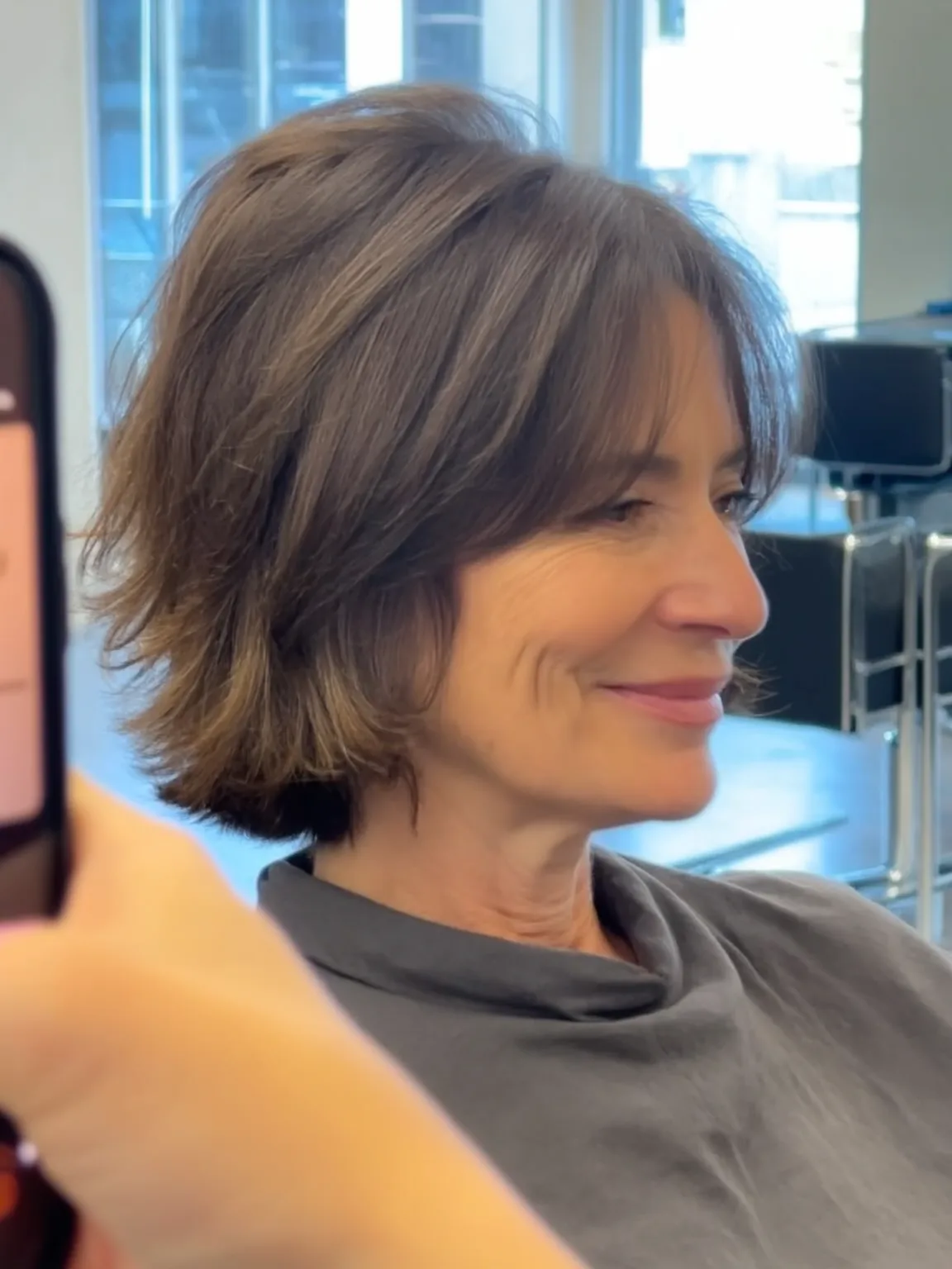 Chin-Length Feathered Layers with Soft Chestnut Brown