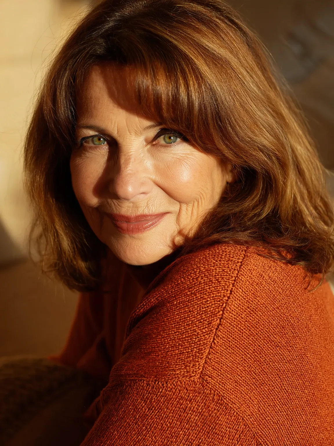 Straight Shoulder-Length Layers with Curtain Bangs in Chestnut Brown