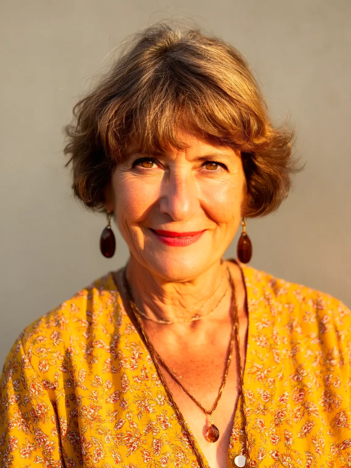 Short Wavy Bob with Side-Swept Bangs and Warm Chocolate Highlights