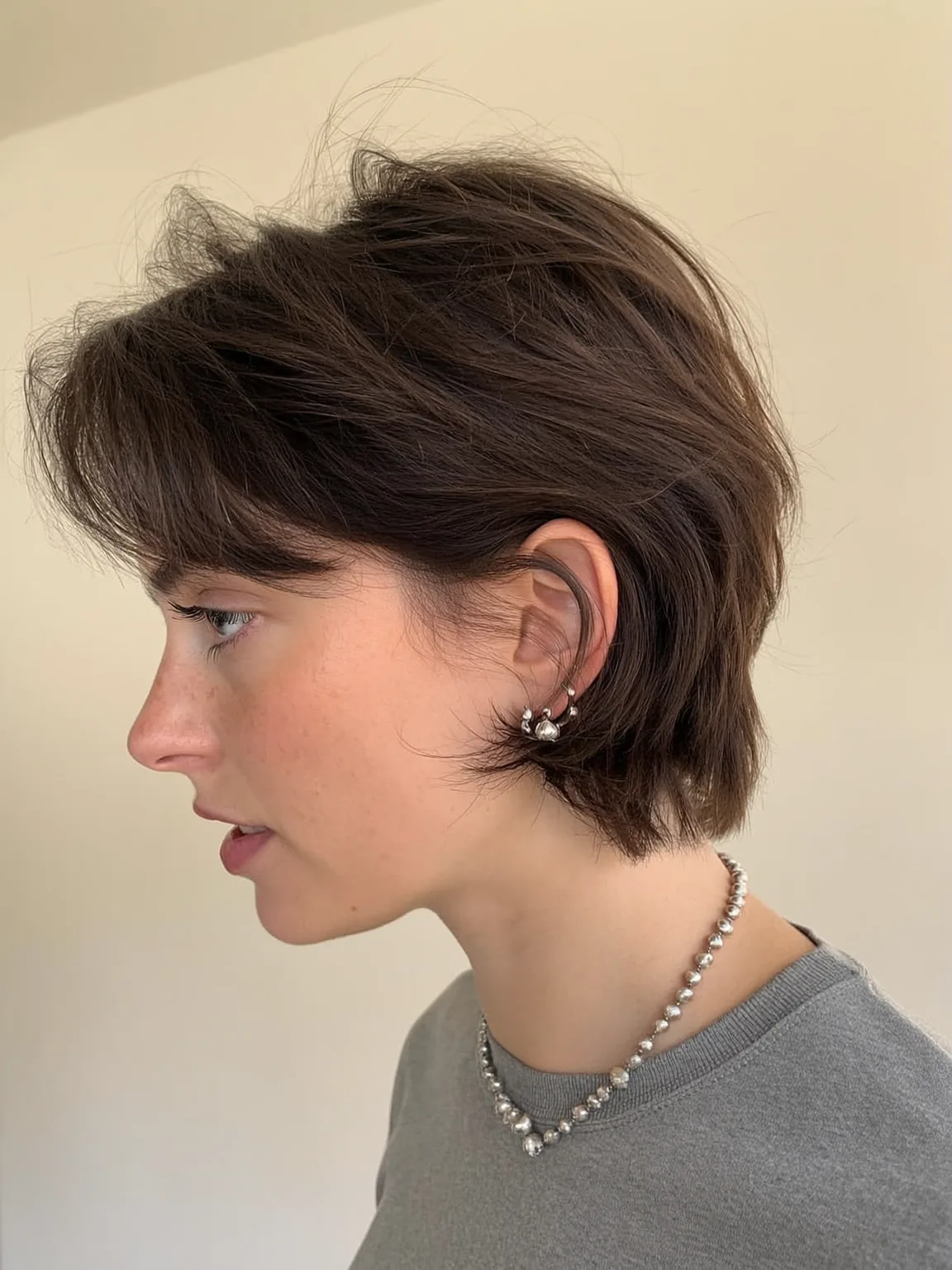 Rich Chocolate Brown Pixie with Side-Swept Bangs and Straight Texture
