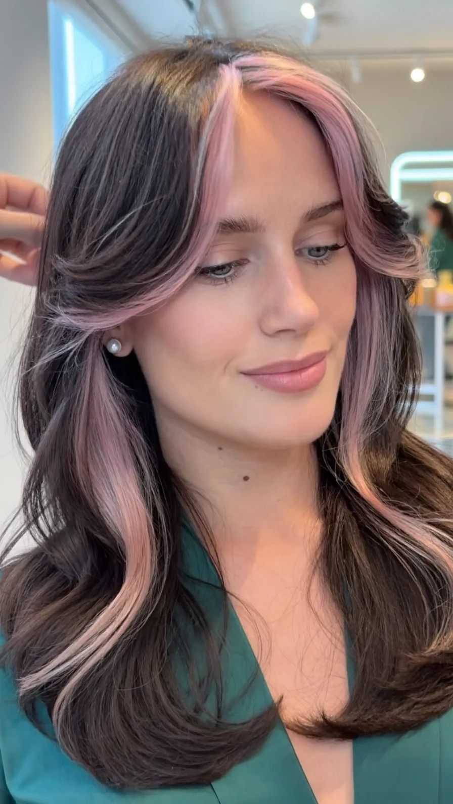 Soft Dark Brown Hair with Pastel Pink Money Piece Layers
