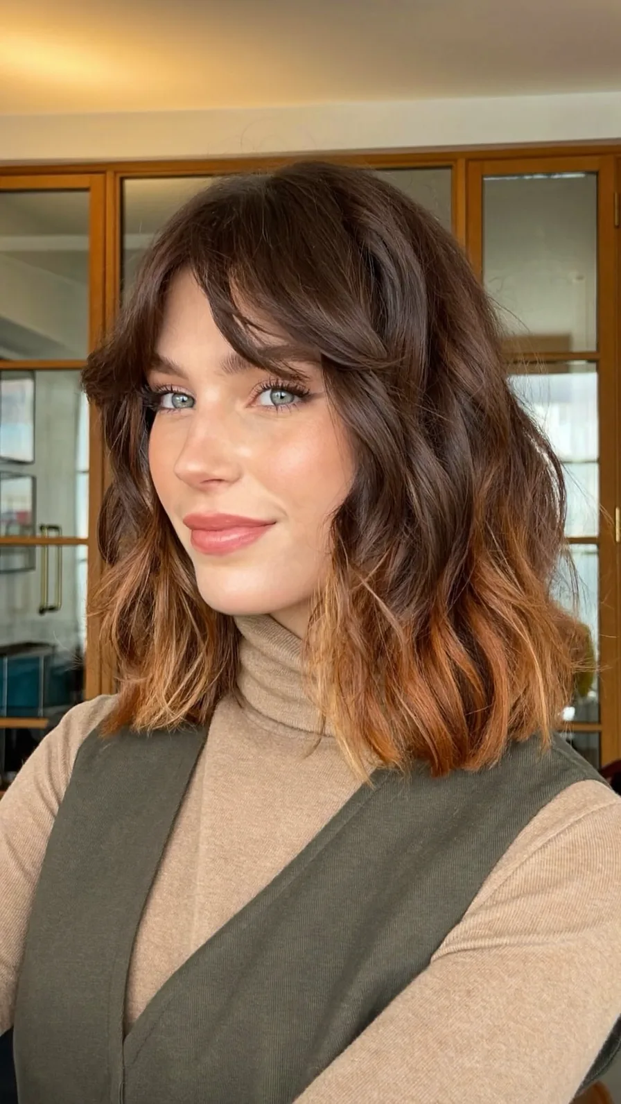Modern Wavy Shoulder-Length Lob with Warm Copper Balayage