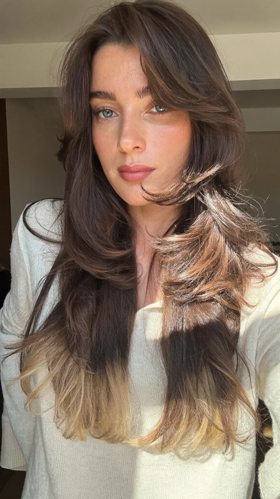 Long Layered Hair with Feathered Ombre Curtain Bangs