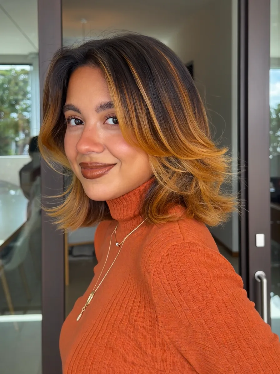 Modern Balayage Long Layers with Curtain Bangs and Flicked Ends