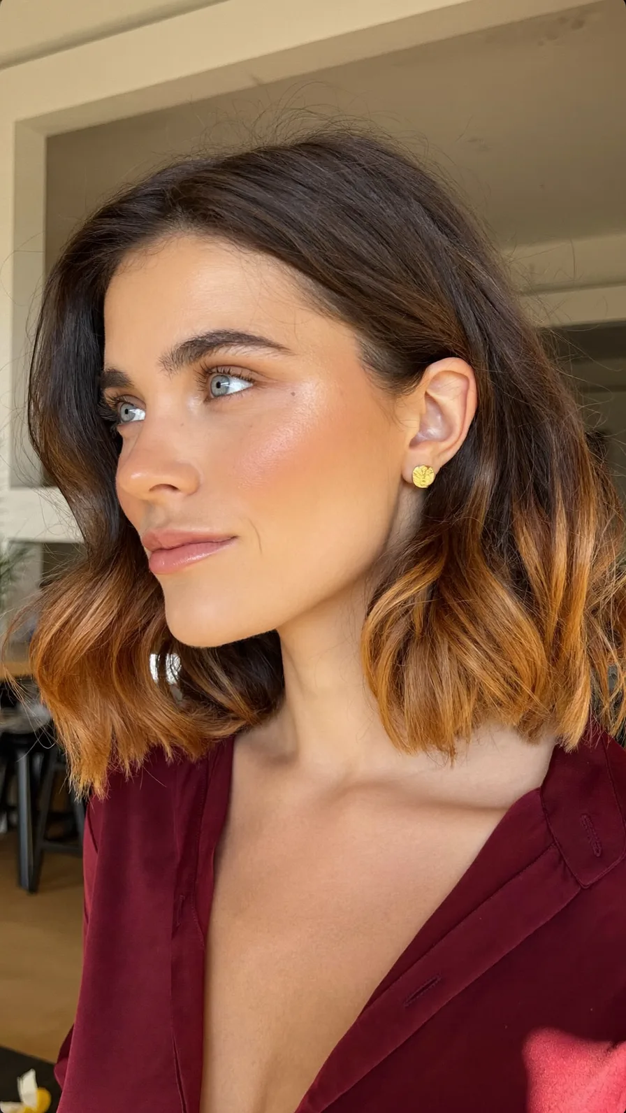 Modern Shoulder-Length Lob with Warm Caramel Ombre