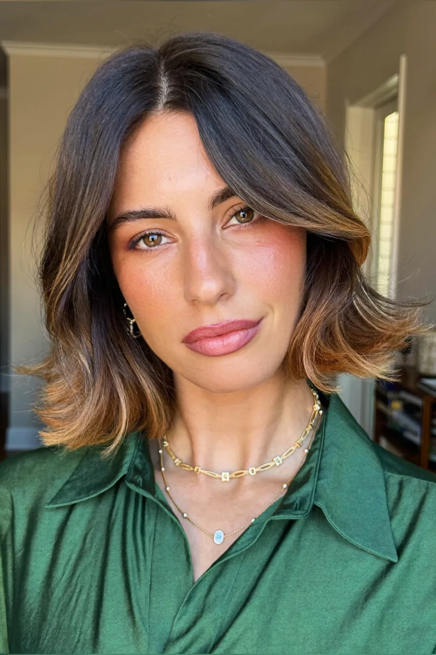 Chic Curtain-Bang Lob with Warm Caramel Balayage Highlights