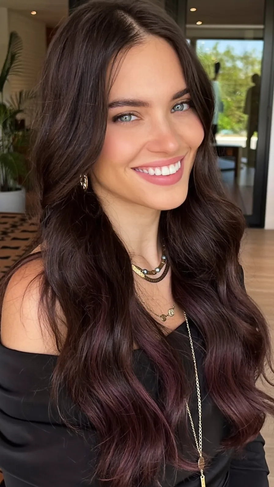 Long Flowing Layers with Natural Dark Brown and Plum Undertones