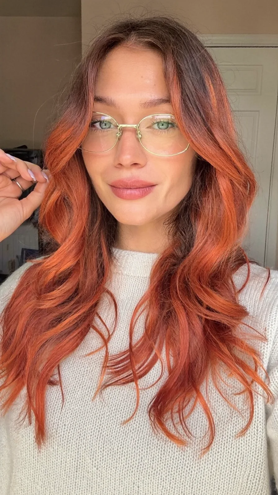 Long Layered Copper Red Waves with Curtain Bangs