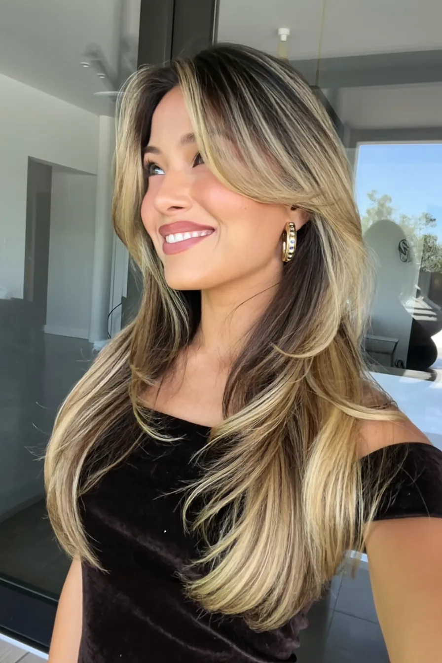 Elegant Long Layered Hair with Warm Honey Blonde Balayage
