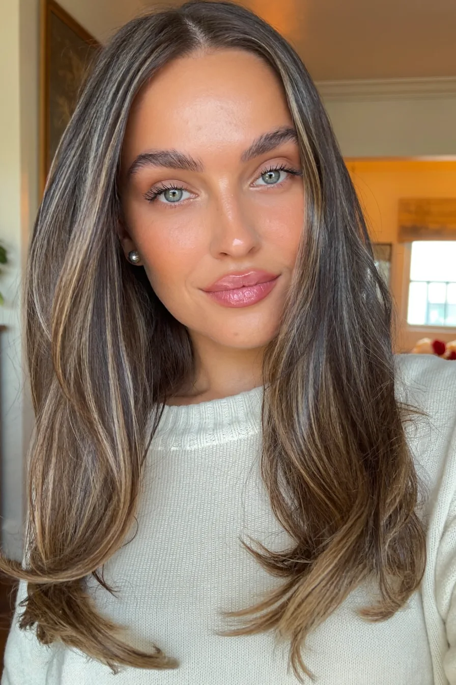 Long Layered Hair with Warm Balayage Highlights and Soft Flicked Ends