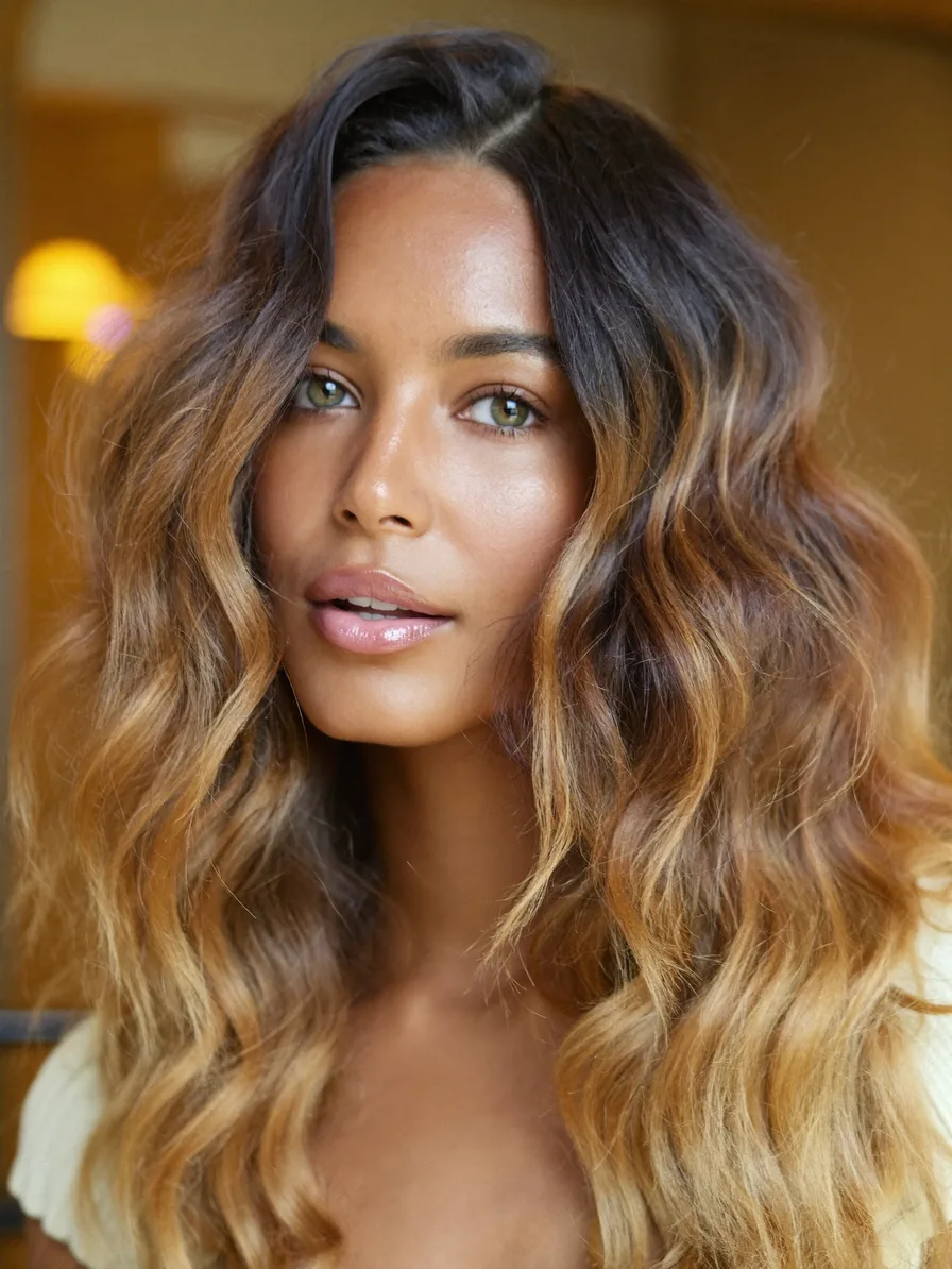 Voluminous Long Layered Wavy Hair with Sun-Kissed Balayage Highlights