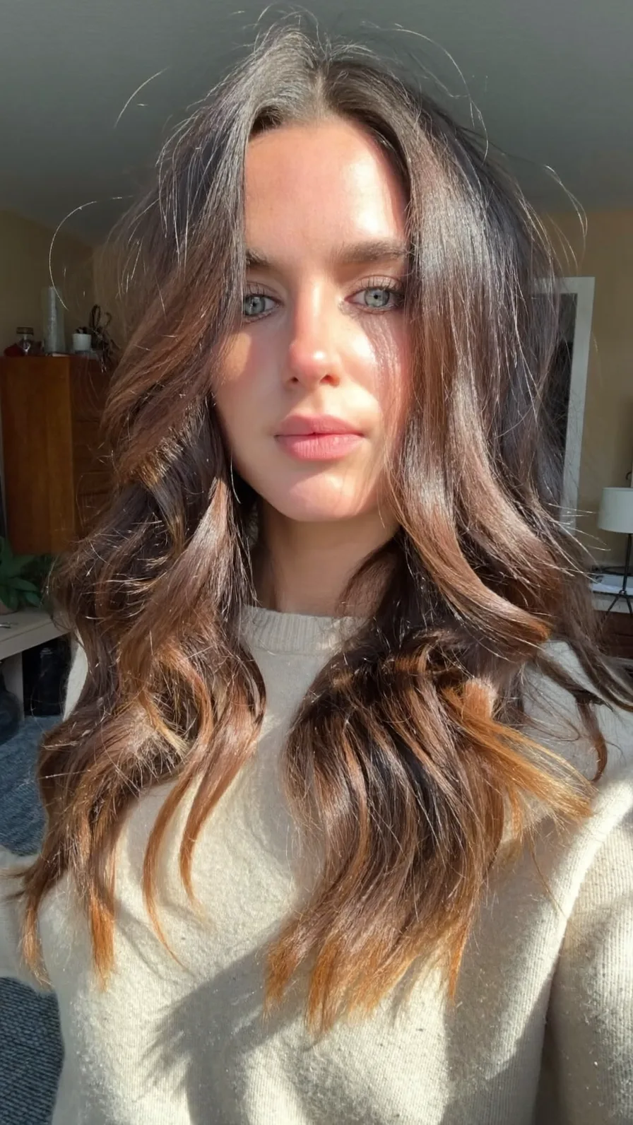 Long Voluminous Flowing Layers with Warm Caramel Balayage