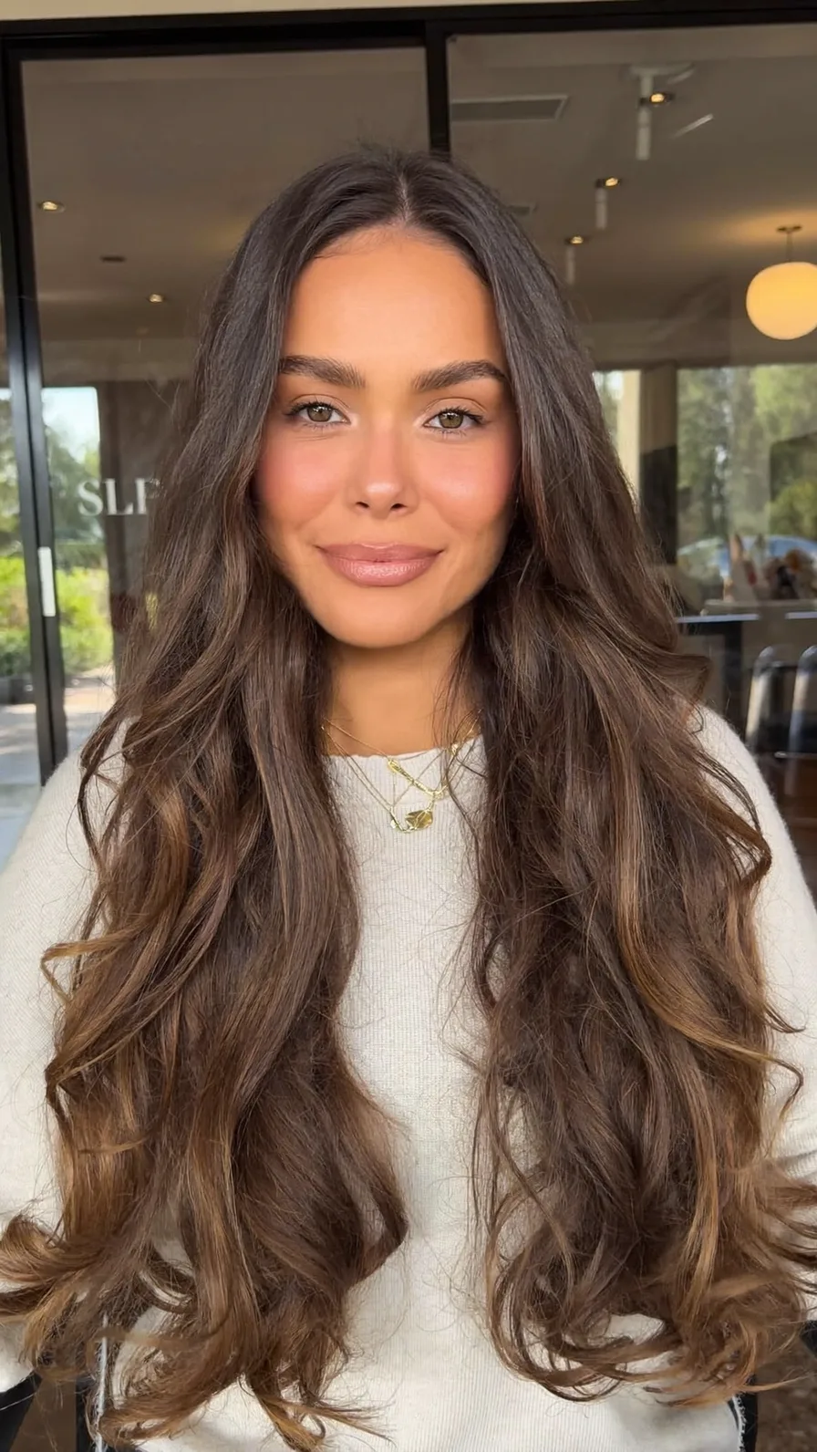 Voluminous Long Layers with Rich Brown Balayage Highlights