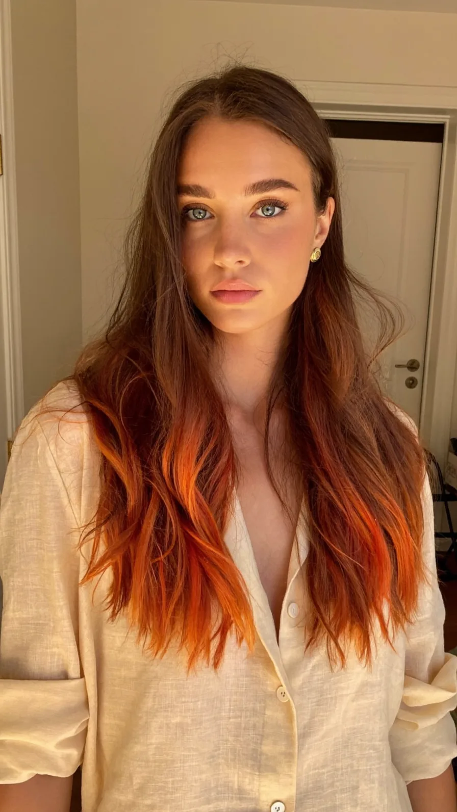Long Wavy Dark Brown Hair with Vibrant Copper Ombre Ends