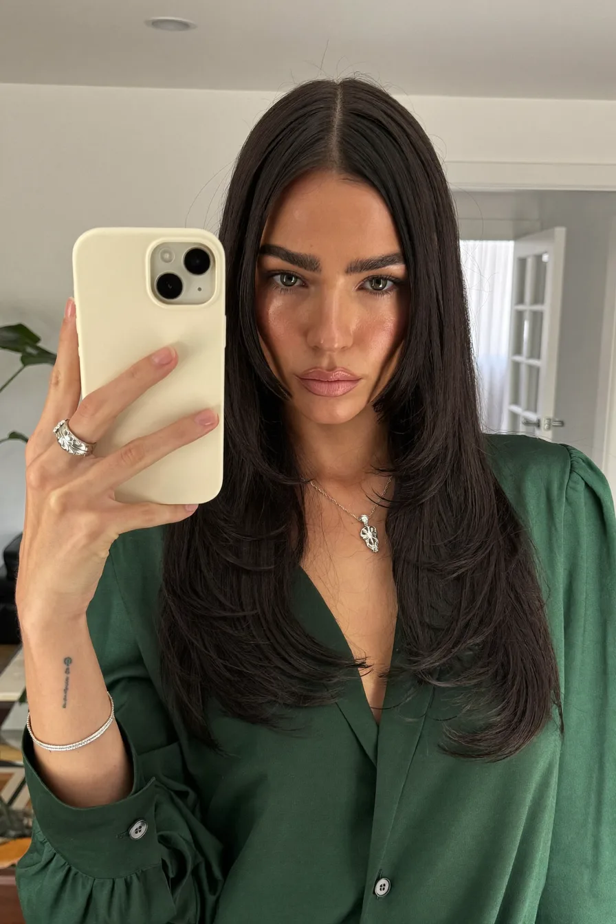 Sleek Long Layers with Center Part and Rounded Ends