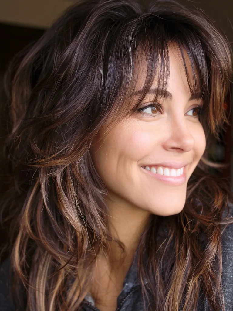 Voluminous Wavy Chocolate Brown Shag with Wispy Bangs