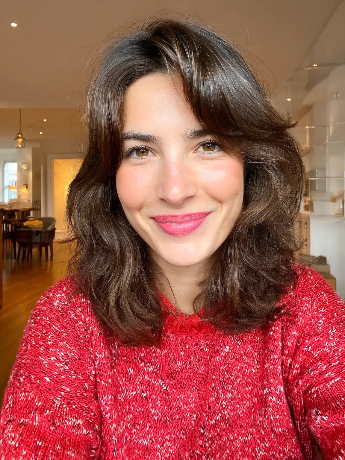 Curtain-Banged Wavy Layers with Subtle Chocolate Highlights