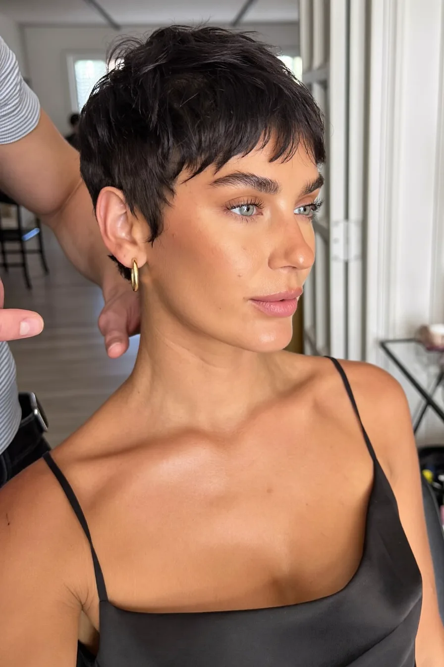 Textured Micro-Bangs Pixie with Choppy Layers for Oval Faces