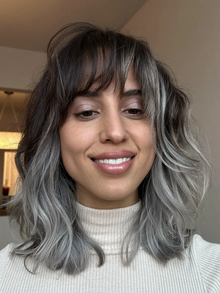 Modern Layered Shag with Ash Gray Balayage and Wispy Bangs