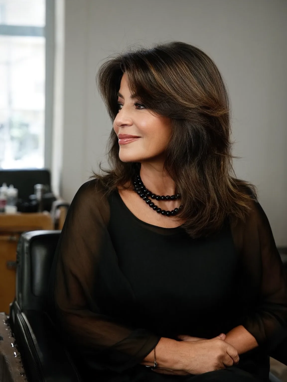 Shoulder-Length Chocolate Layers with Long Bangs