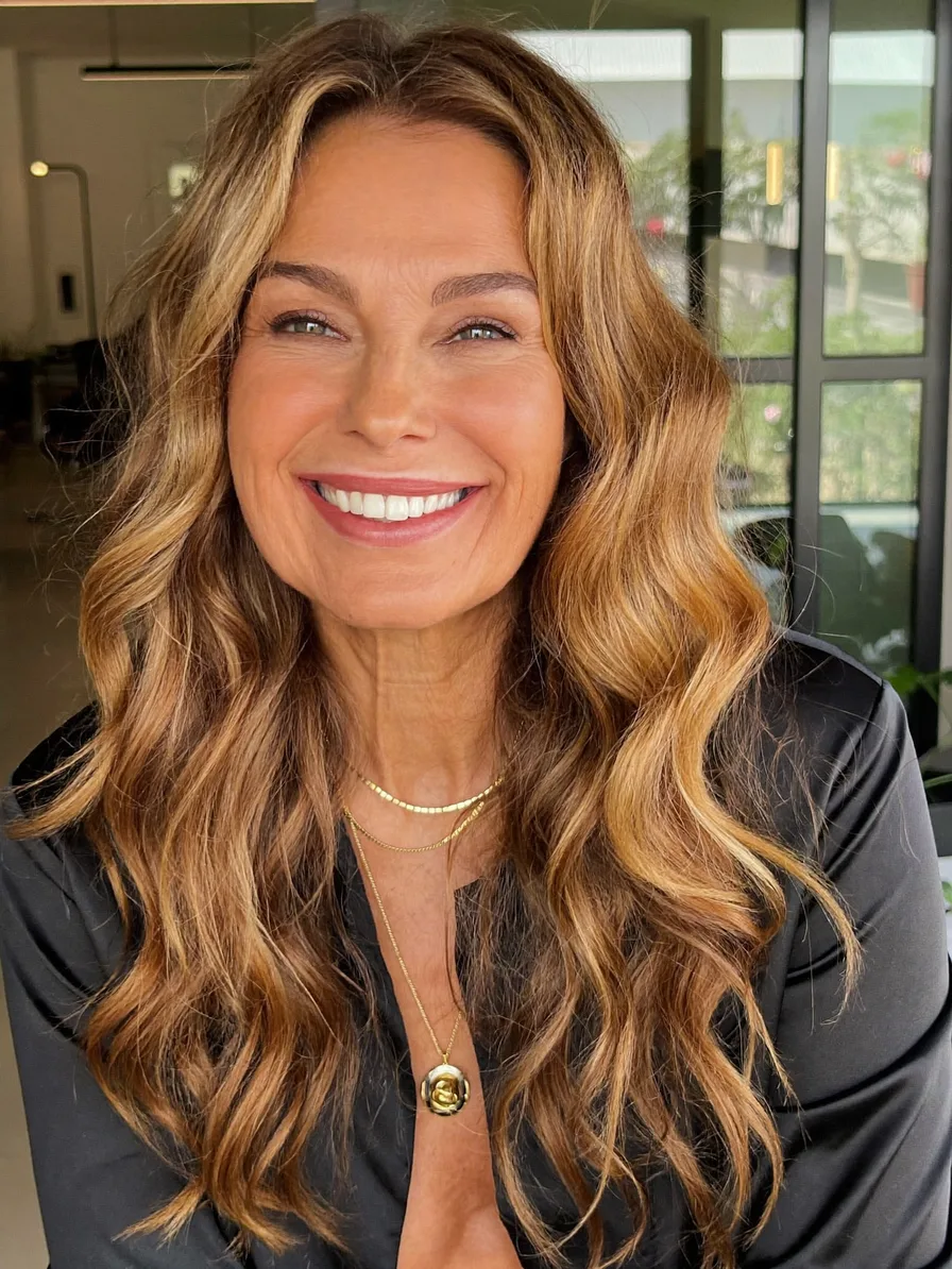 Long Wavy Caramel Brown Hair with Honey Blonde Balayage