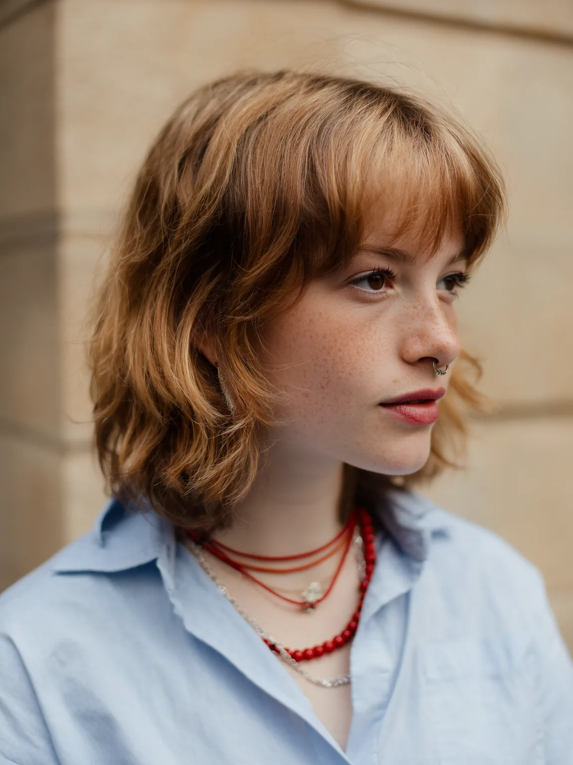 Chin-Length Warm Caramel Shag with Wispy Bangs