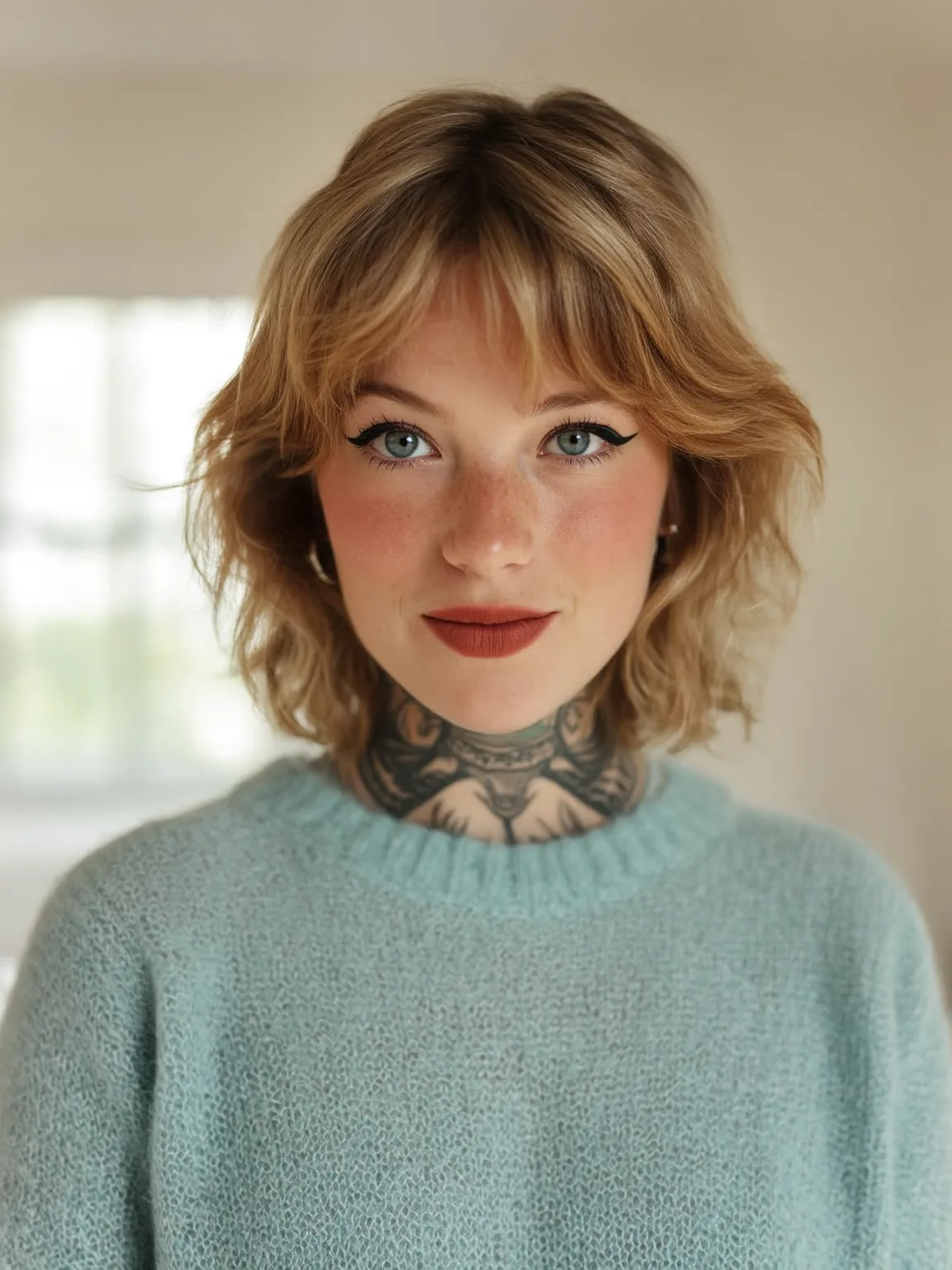 Short Golden Wheat Blonde Shag with Curtain Bangs