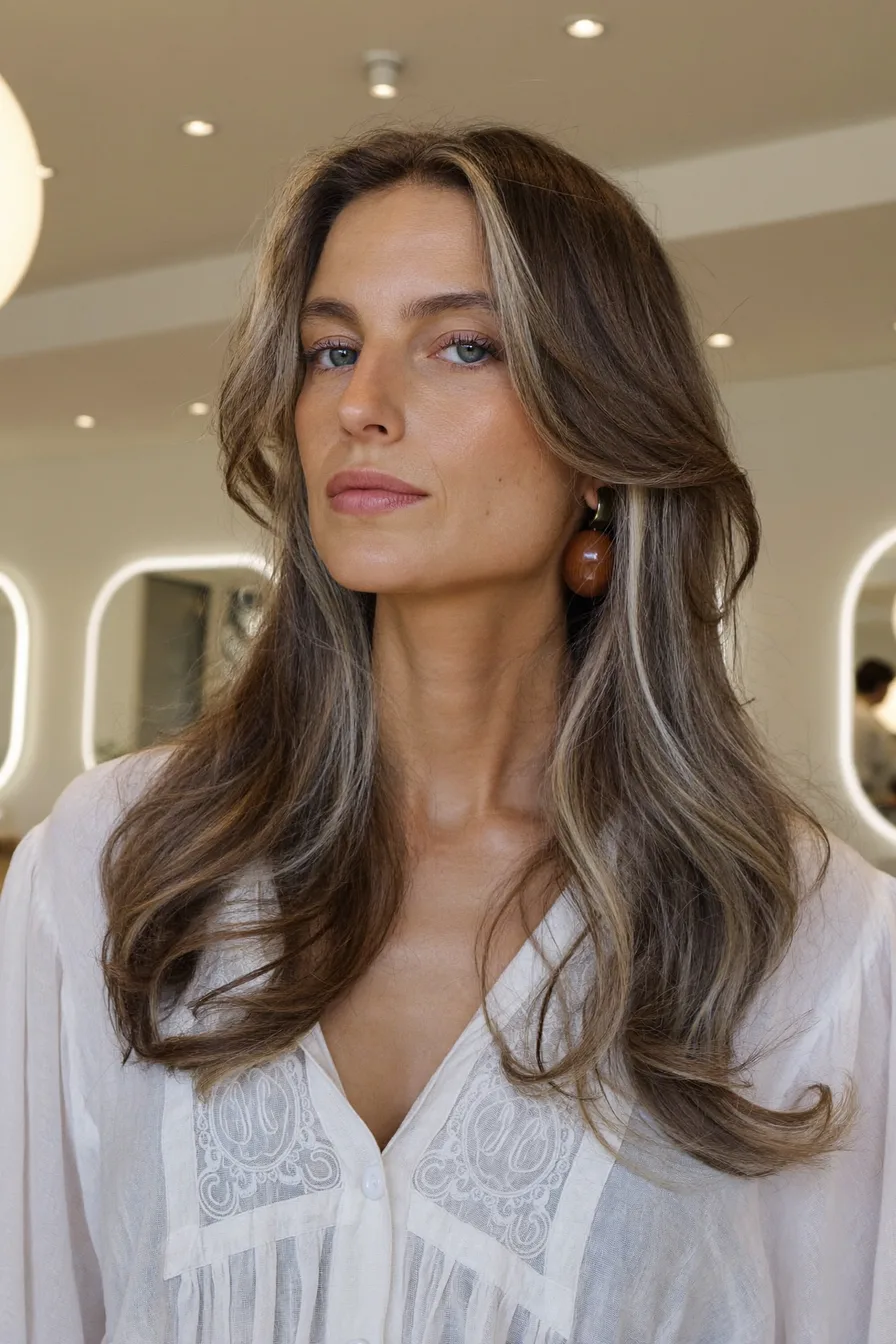 Face-Framing Balayage Brunette Wavy Long Layered Hairstyle