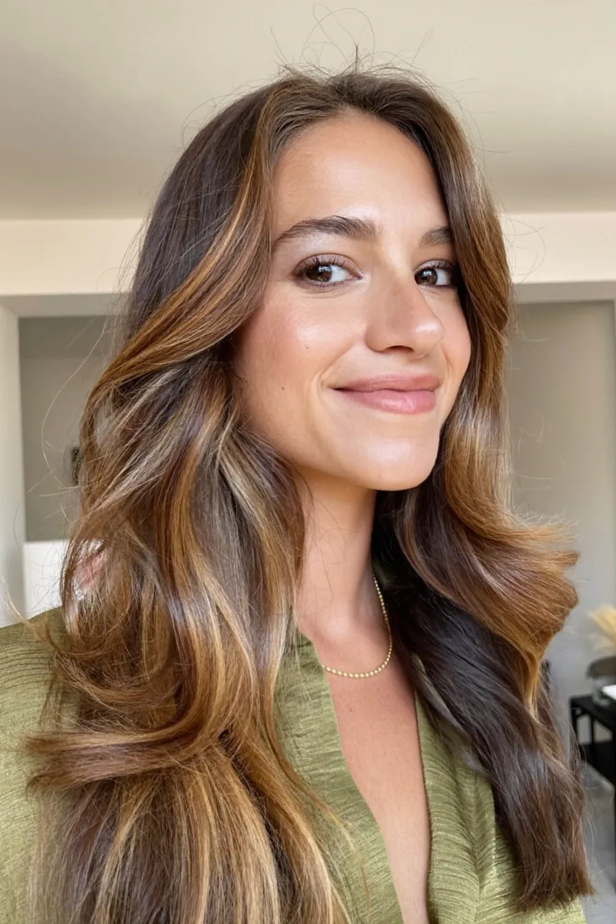 Face-Framing Balayage Brunette Wavy Long Layered Haircut