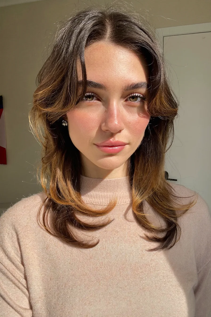 Face-Framing Wavy Balayage Brunette Long Layered Haircut for Dimension