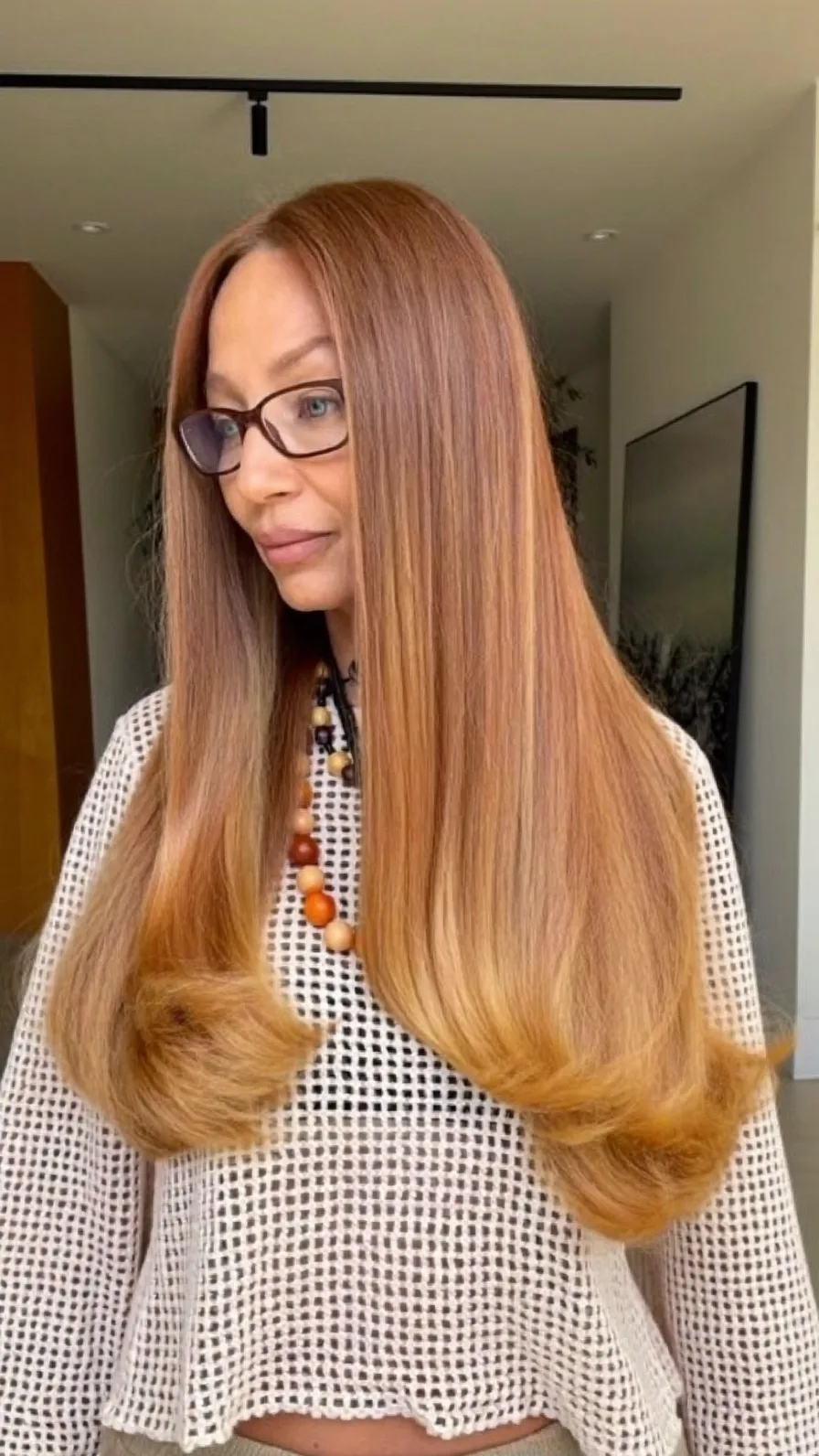 Sleek Long Layers with Warm Caramel Brown Balayage