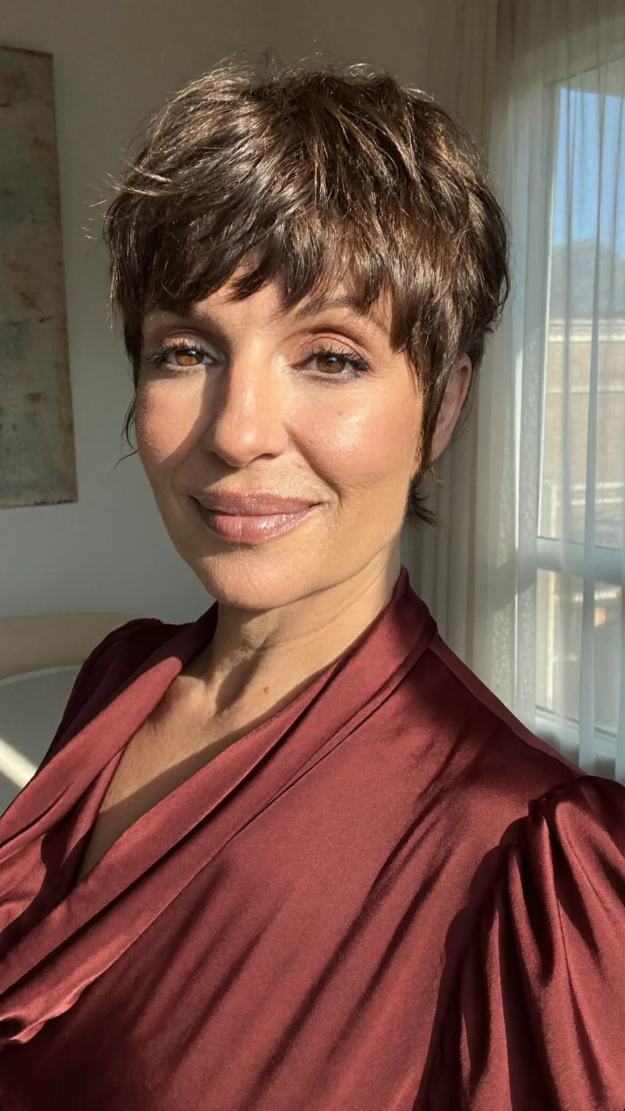 Textured Pixie Cut with Wispy Bangs in Rich Chestnut Brown