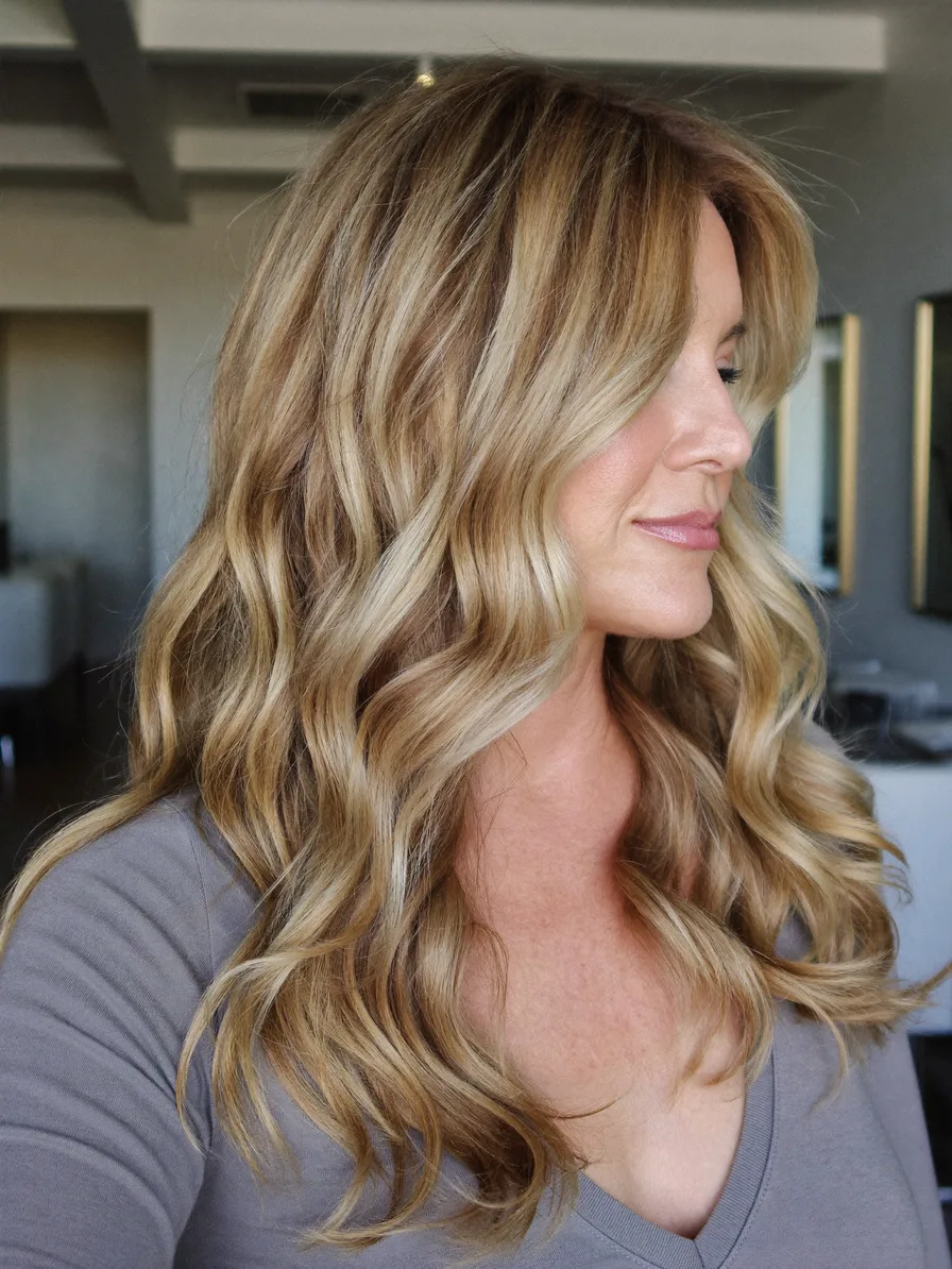 Elegant Long Layered Waves with Balayage Curtain Bangs