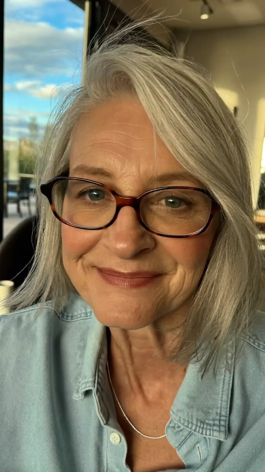 Elegant Shoulder-Length Silver Gray Hair with Side-Swept Layers