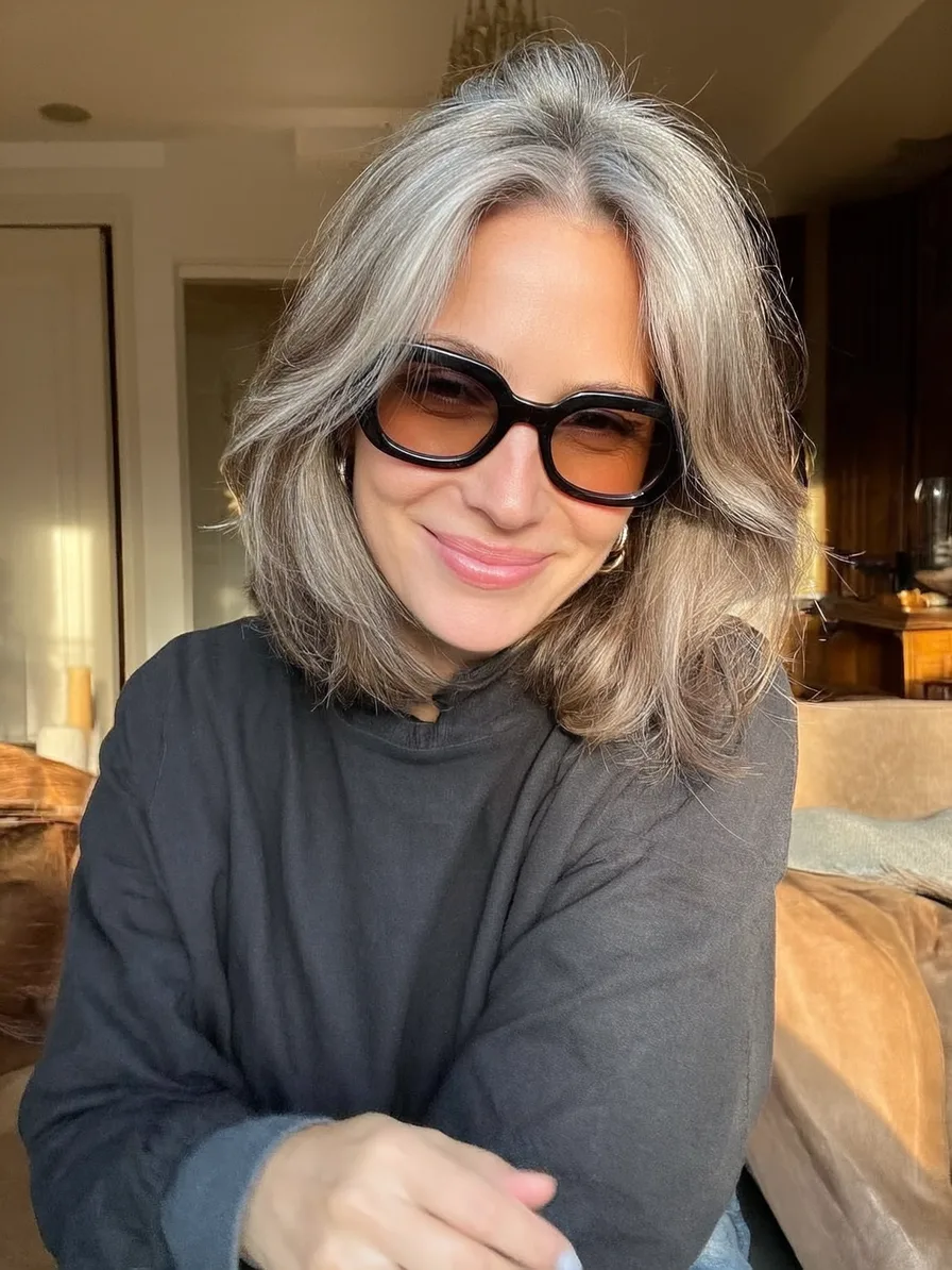 Elegant Shoulder-Length Silver Wave with Feathered Layers
