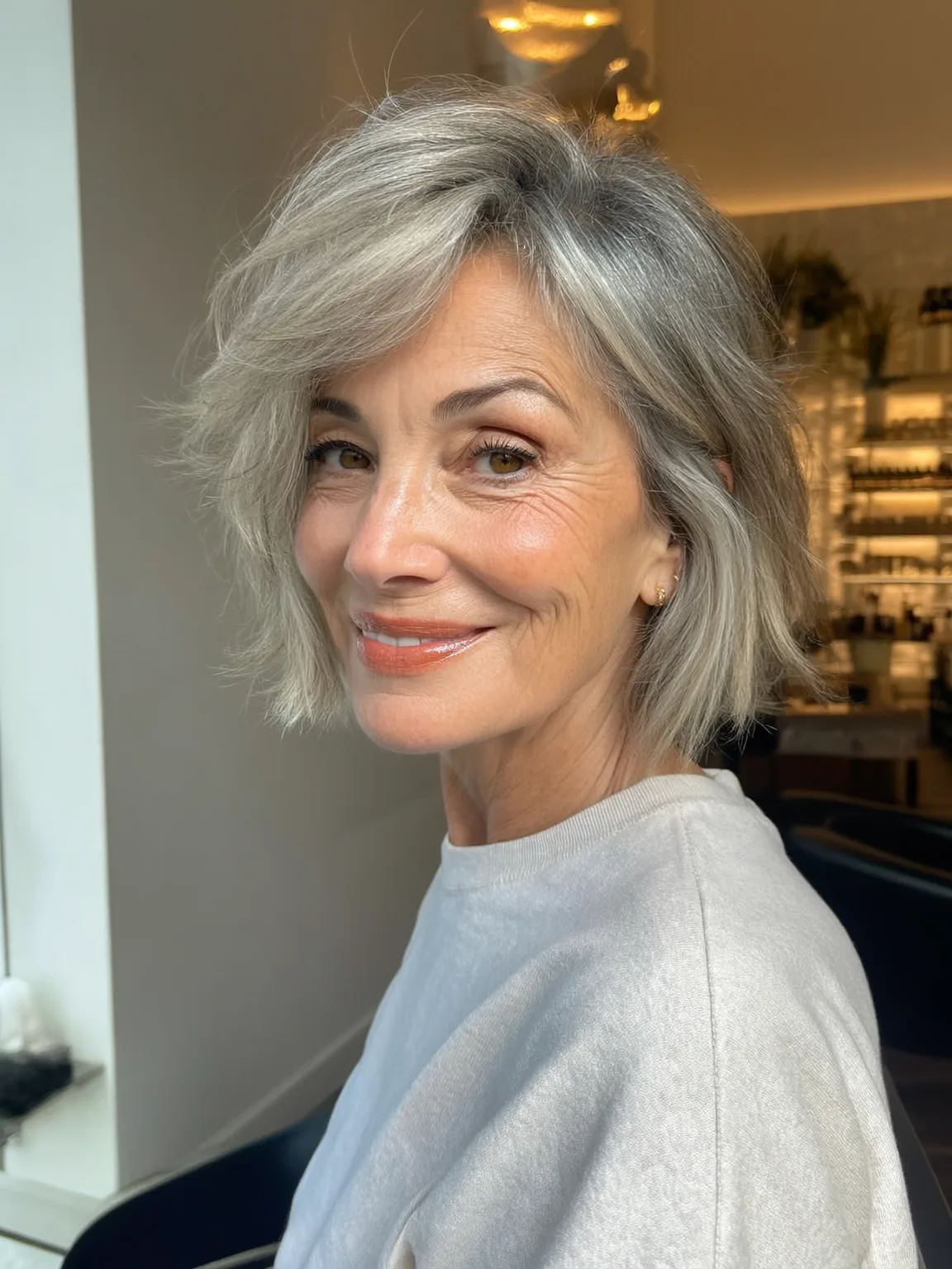 Chin-Length Silver Frost Bob with Side-Swept Bangs