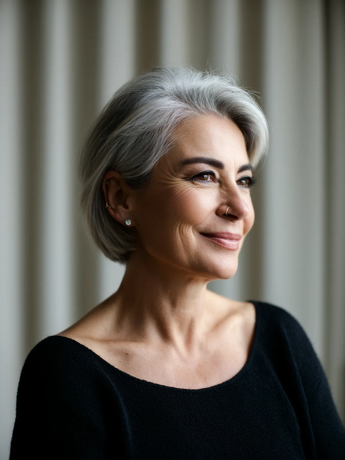 Short Silver Frost Bob with Side-Swept Bangs