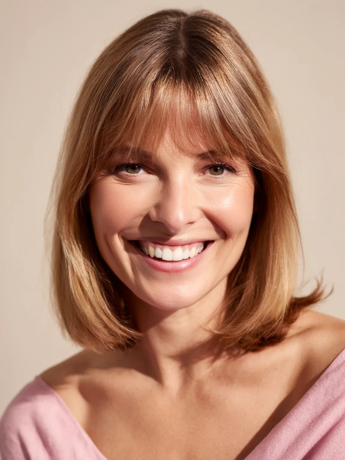 Warm Caramel Blonde Wispy Banged Chin-Length Bob