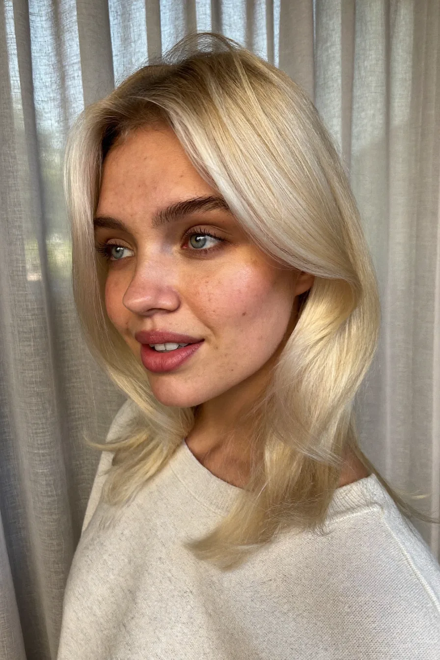 Soft Layered Ecru Blonde with Face-Framing Bangs for Natural Warmth