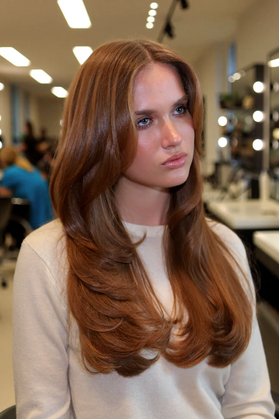 Elegant Long Layered Haircut with Soft Curtain Bangs for Movement