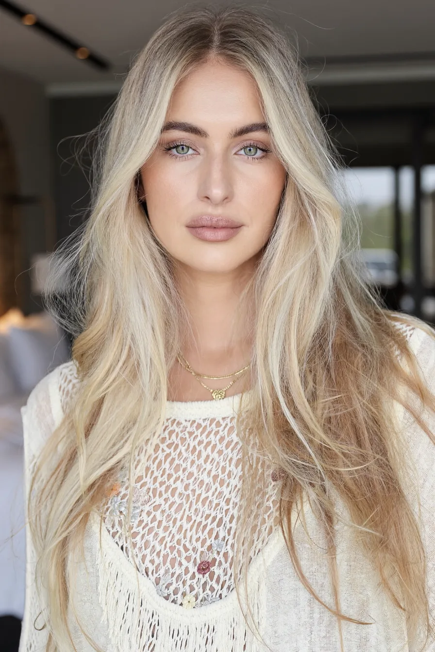Soft Platinum Blonde Long Layered Haircut with Curtain Bangs