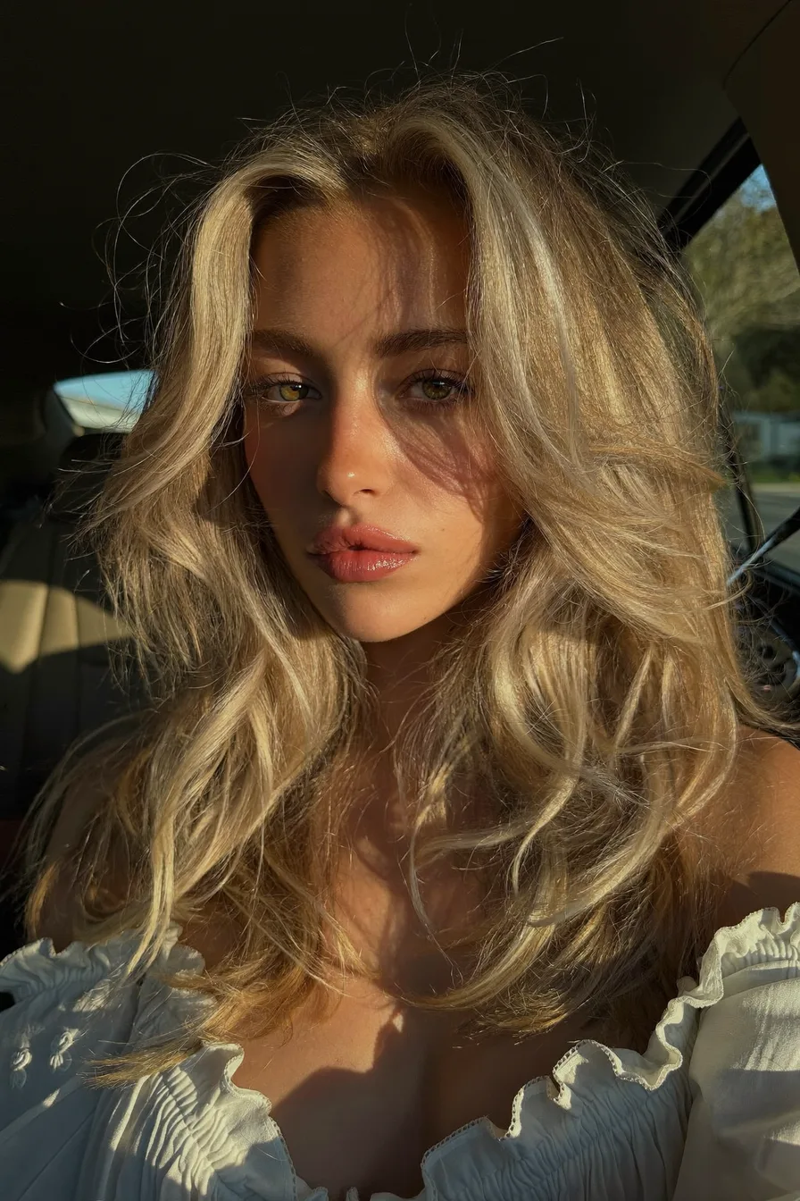 Sun-Kissed Voluminous Long Layered Hair with Curtain Bangs