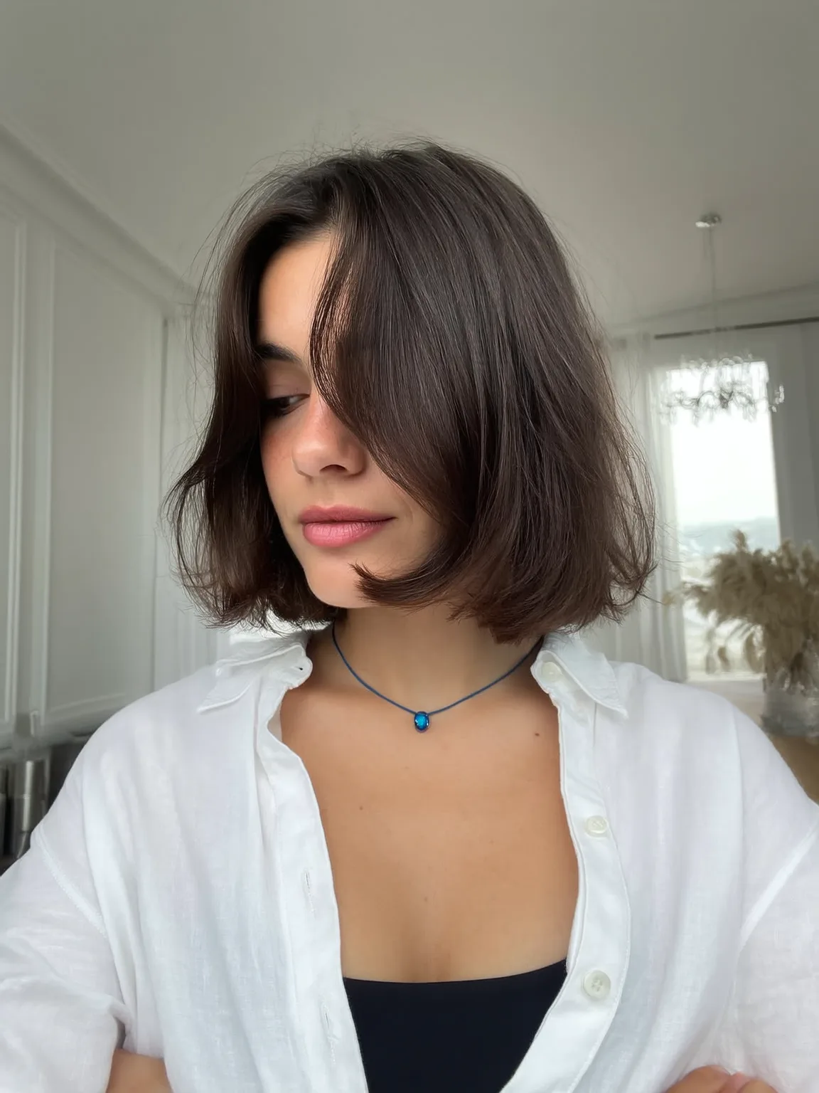 Wavy Bob with Side-Swept Bangs in Espresso Brown