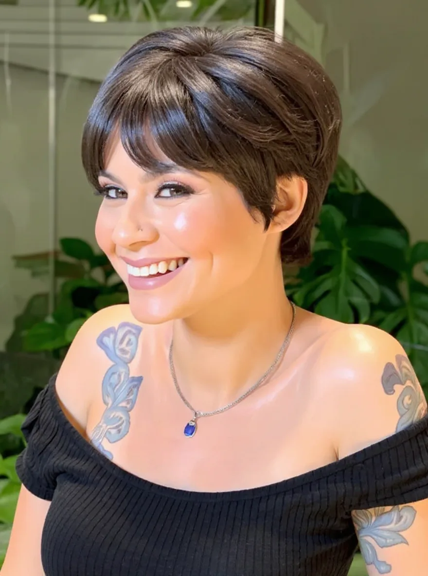 Short Espresso Pixie with Side-Swept Bangs for Round Faces