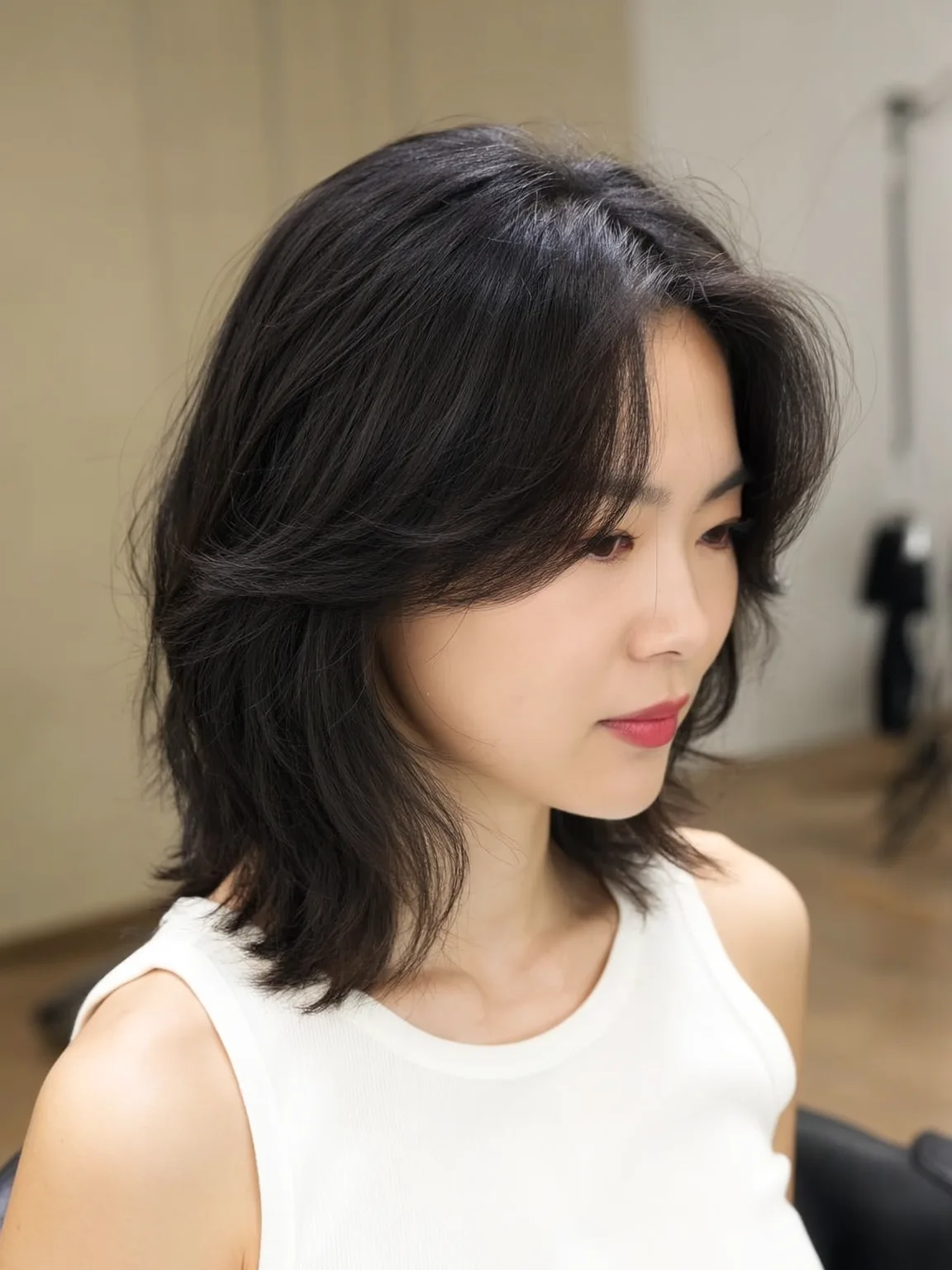 Shoulder-Length Lob with Flowing Curtain Bangs in Espresso