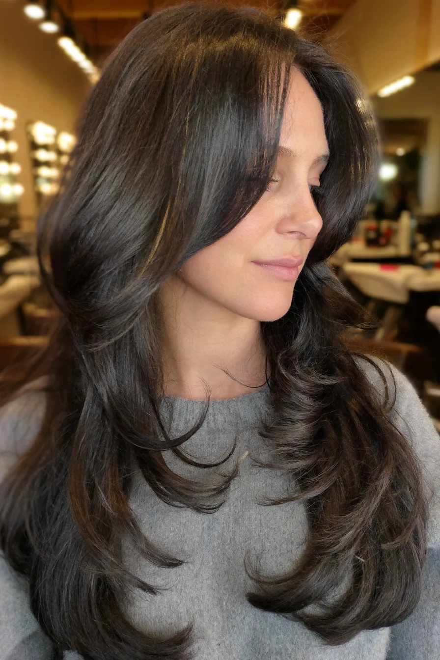 Long Layered Blowout with Curtain Bangs and Feathered Ends